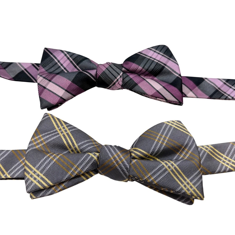 J.Ferrar Bow Tie Set OS Multi Plaid Pre-Tied Adjustable‎ Purple Grey 2pk NEW